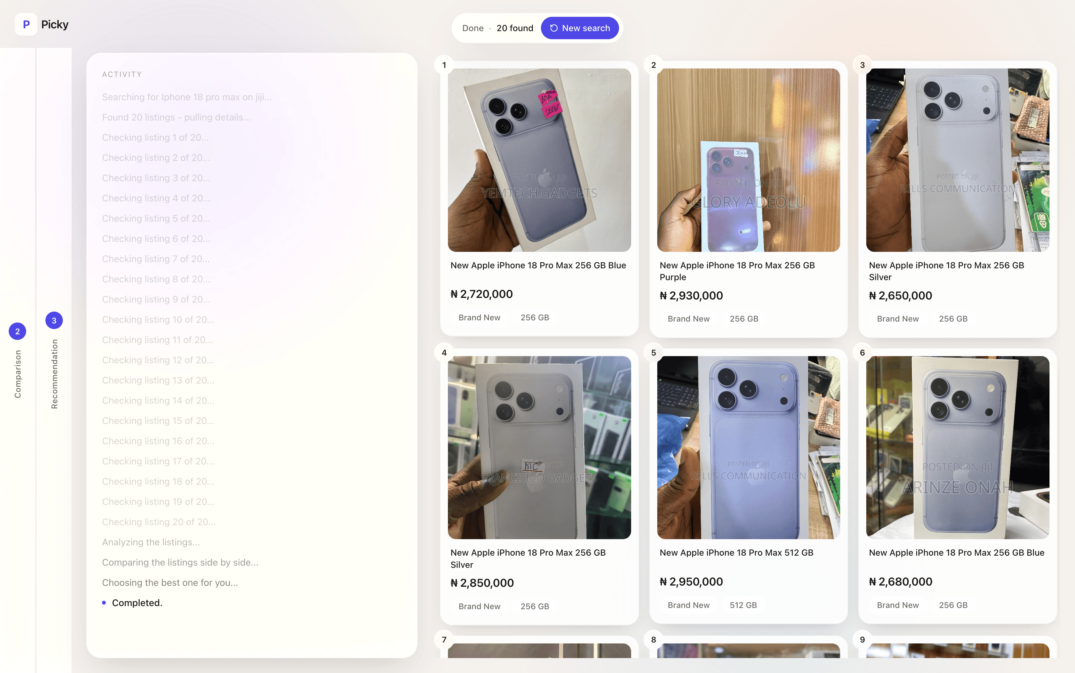 Picky showing live phone listings from Jiji